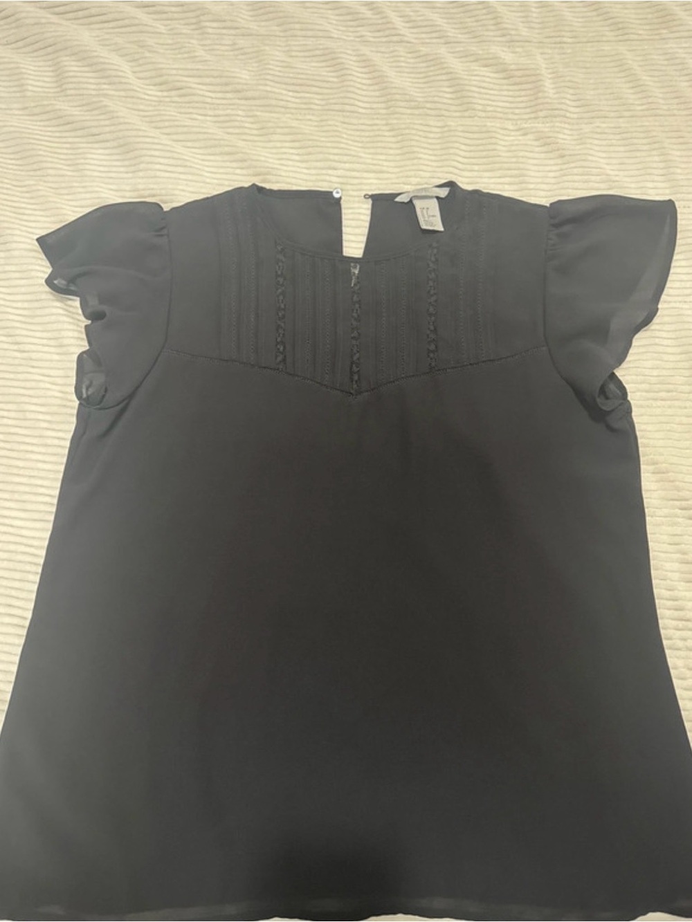 H&M Black Flutter Sleeve Blouse with Pintuck Detail